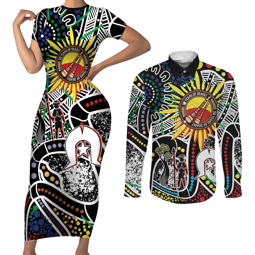 NAIDOC 50 Years of Deadly Personalised Couples Matching Short Sleeve Bodycon Dress and Long Sleeve Button Shirt Aboriginal Dot Art