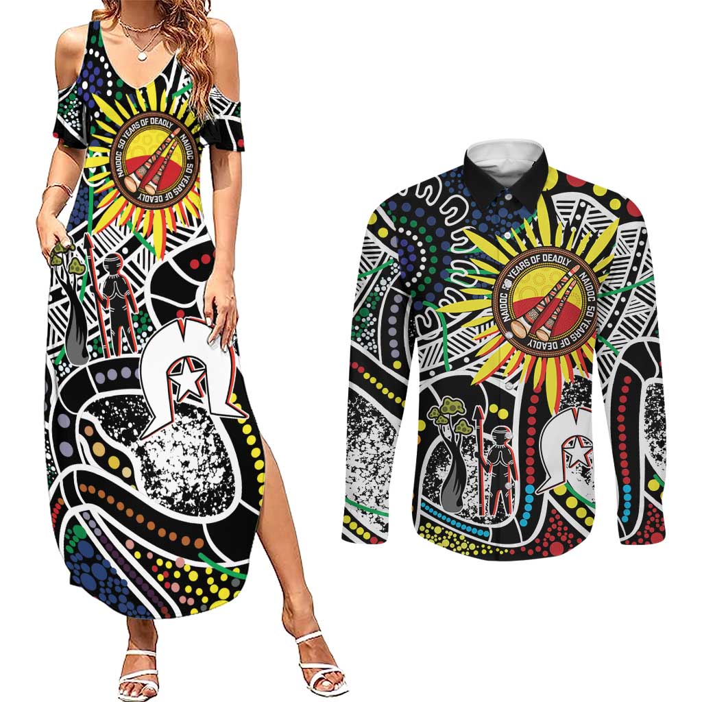 NAIDOC 50 Years of Deadly Personalised Couples Matching Summer Maxi Dress and Long Sleeve Button Shirt Aboriginal Dot Art