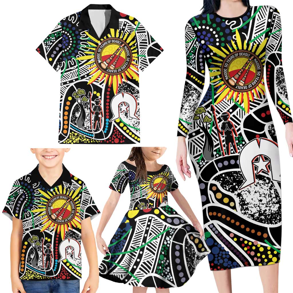 NAIDOC 50 Years of Deadly Personalised Family Matching Long Sleeve Bodycon Dress and Hawaiian Shirt Aboriginal Dot Art