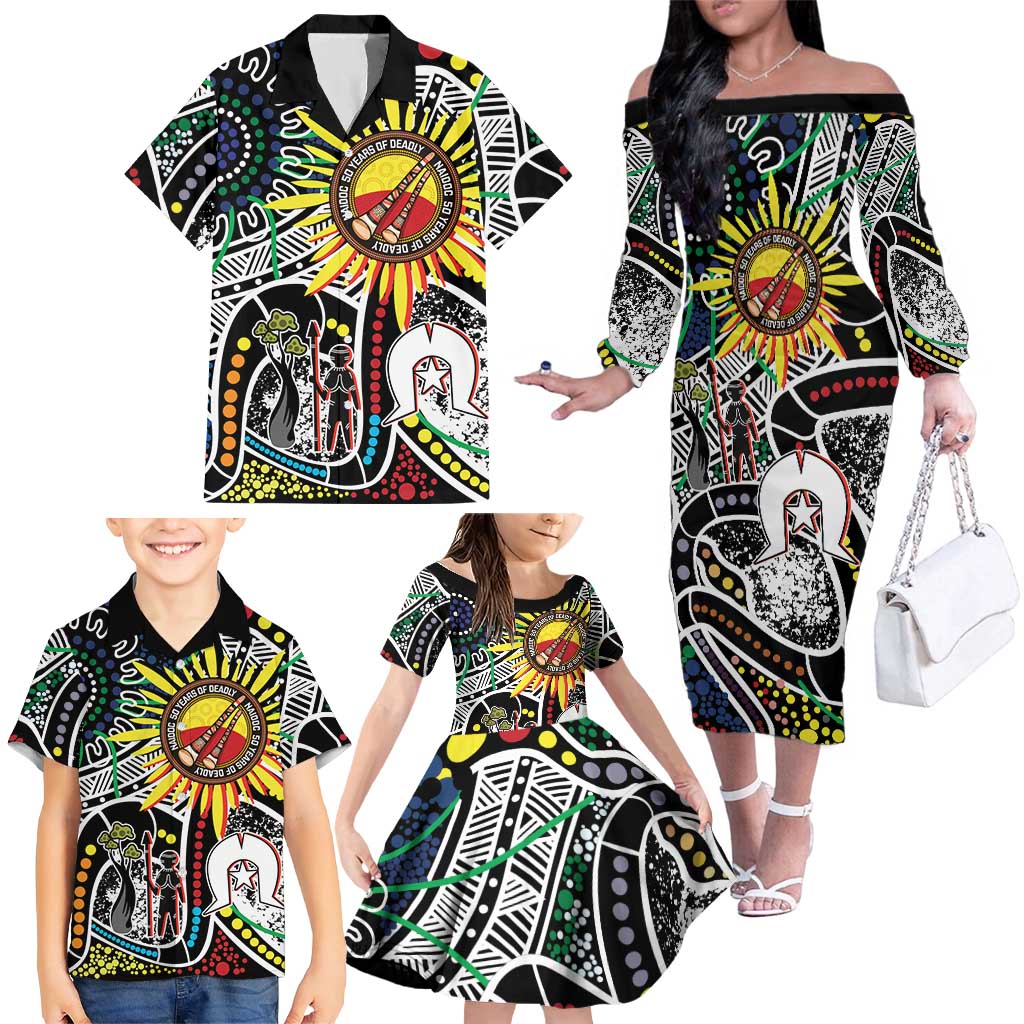 NAIDOC 50 Years of Deadly Personalised Family Matching Off The Shoulder Long Sleeve Dress and Hawaiian Shirt Aboriginal Dot Art
