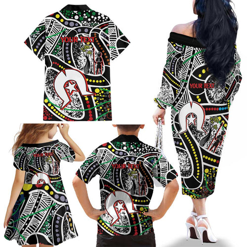 NAIDOC 50 Years of Deadly Personalised Family Matching Off The Shoulder Long Sleeve Dress and Hawaiian Shirt Aboriginal Dot Art