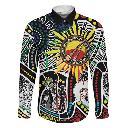 NAIDOC 50 Years of Deadly Personalised Family Matching Off The Shoulder Long Sleeve Dress and Hawaiian Shirt Aboriginal Dot Art