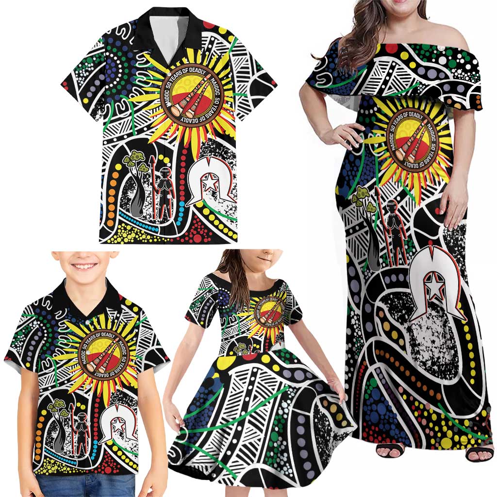 NAIDOC 50 Years of Deadly Personalised Family Matching Off Shoulder Maxi Dress and Hawaiian Shirt Aboriginal Dot Art