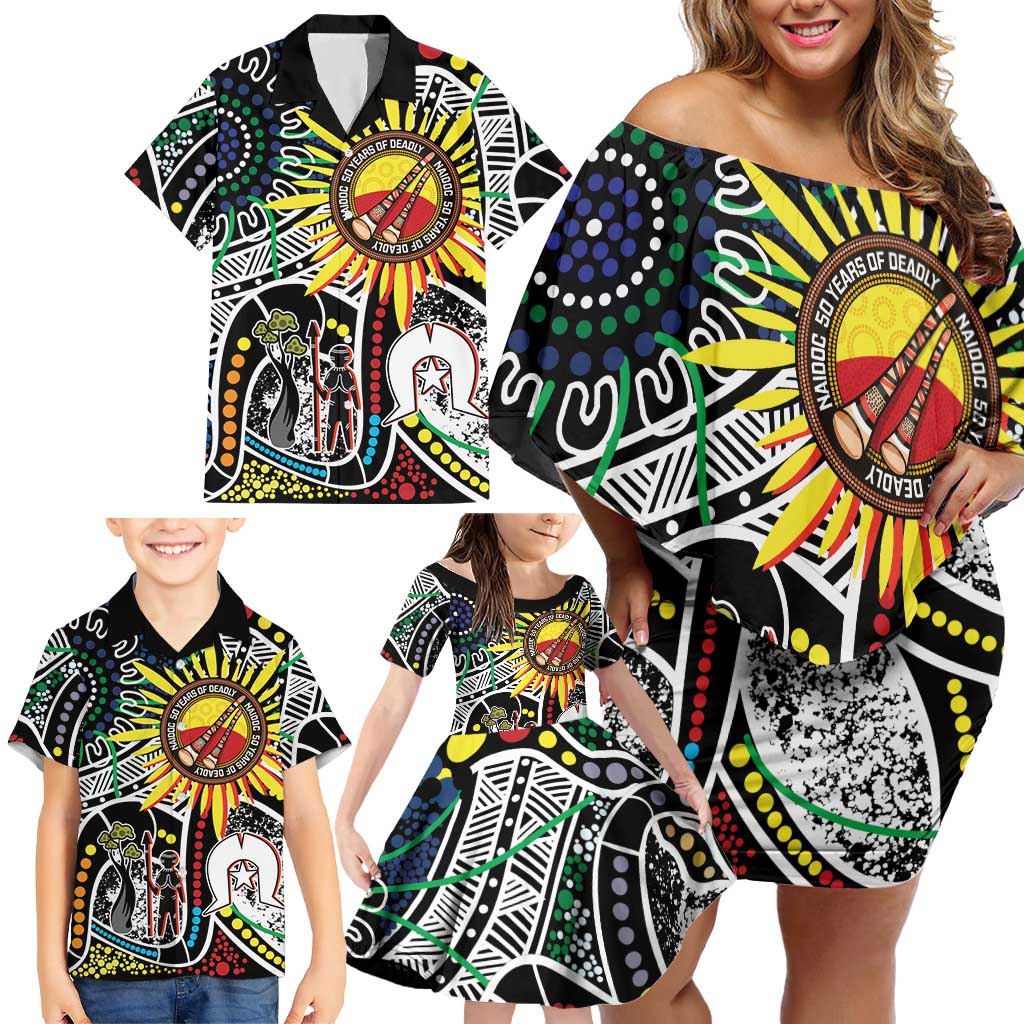 NAIDOC 50 Years of Deadly Personalised Family Matching Off Shoulder Short Dress and Hawaiian Shirt Aboriginal Dot Art