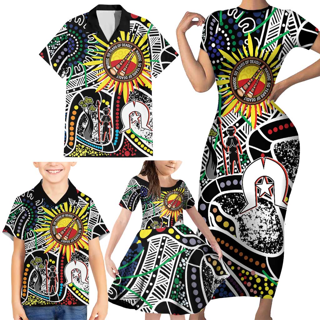 NAIDOC 50 Years of Deadly Personalised Family Matching Short Sleeve Bodycon Dress and Hawaiian Shirt Aboriginal Dot Art