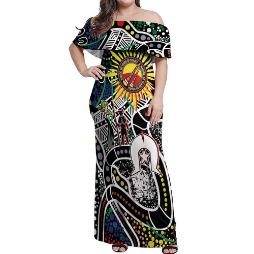 NAIDOC 50 Years of Deadly Personalised Off Shoulder Maxi Dress Aboriginal Dot Art
