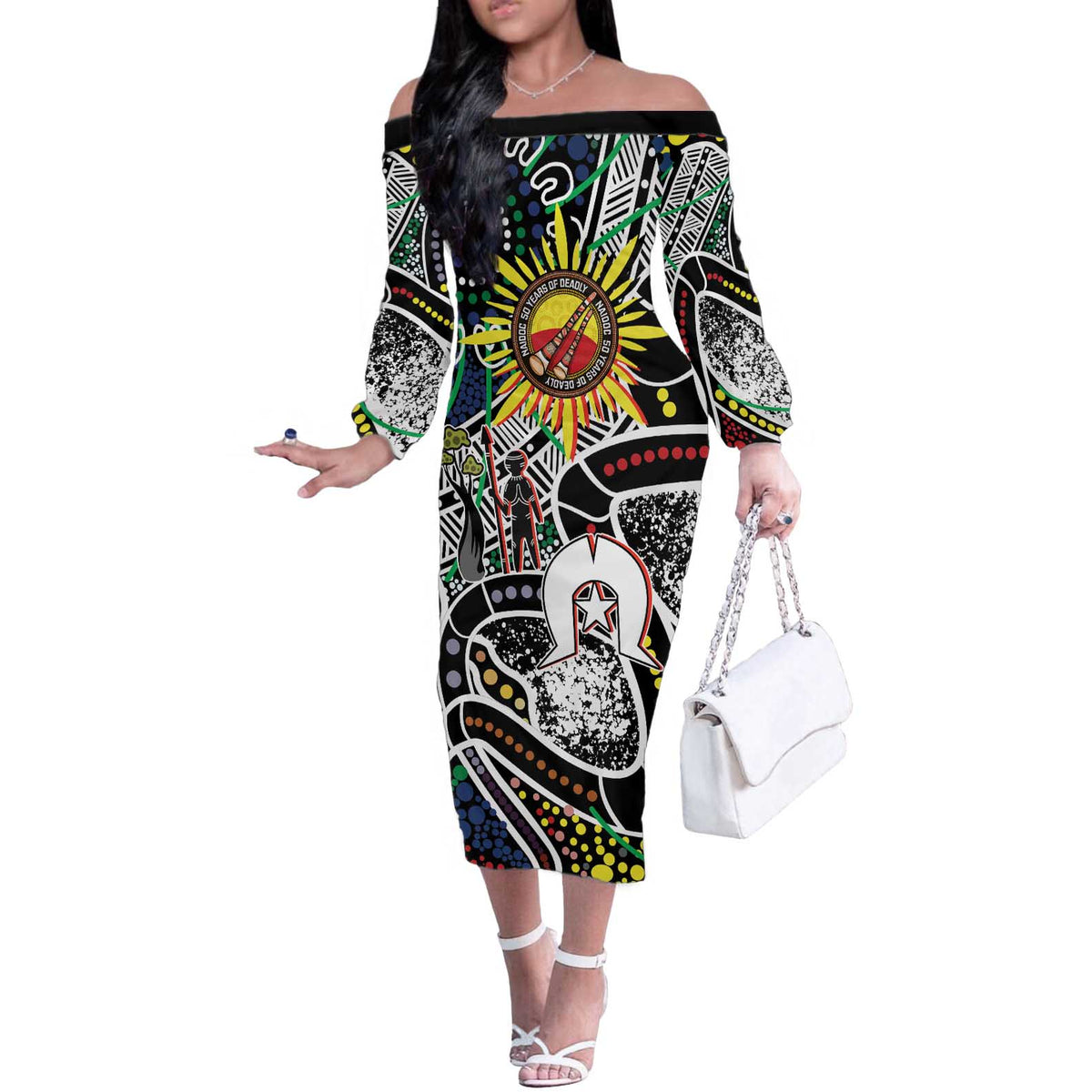 NAIDOC 50 Years of Deadly Personalised Off The Shoulder Long Sleeve Dress Aboriginal Dot Art