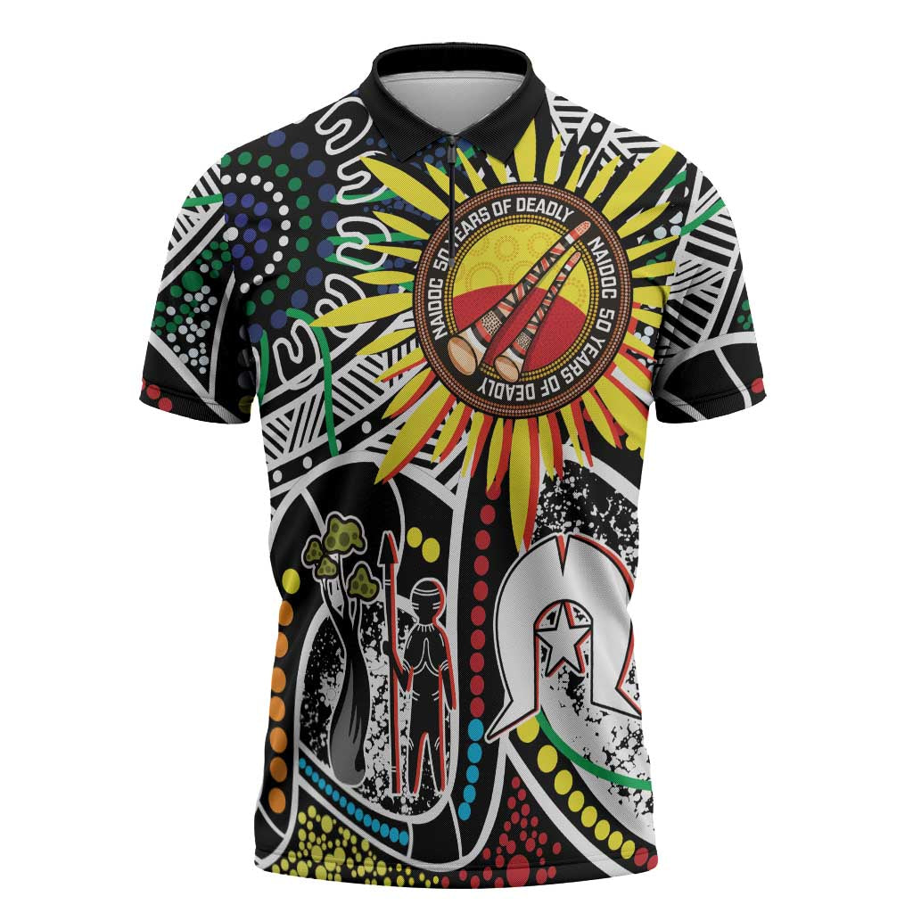NAIDOC 50 Years of Deadly Personalised Zipper Polo Shirt Aboriginal Dot Art