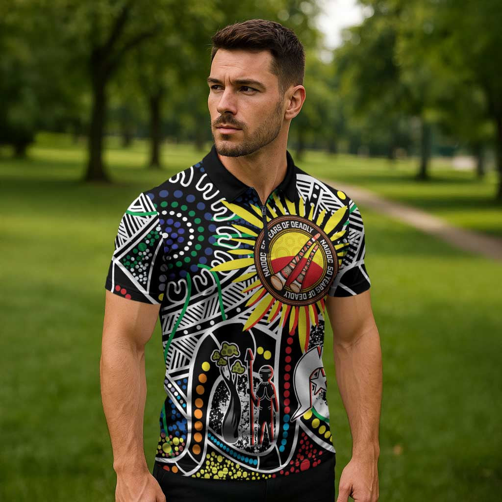 NAIDOC 50 Years of Deadly Personalised Zipper Polo Shirt Aboriginal Dot Art