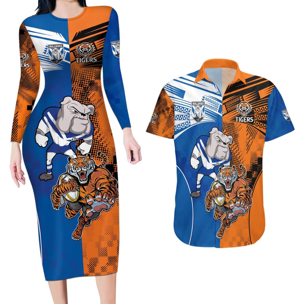 Custom Bulldogs and Tigers Couples Matching Long Sleeve Bodycon Dress and Hawaiian Shirt Rugby Mascot With Sporty Style