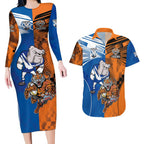Custom Bulldogs and Tigers Couples Matching Long Sleeve Bodycon Dress and Hawaiian Shirt Rugby Mascot With Sporty Style