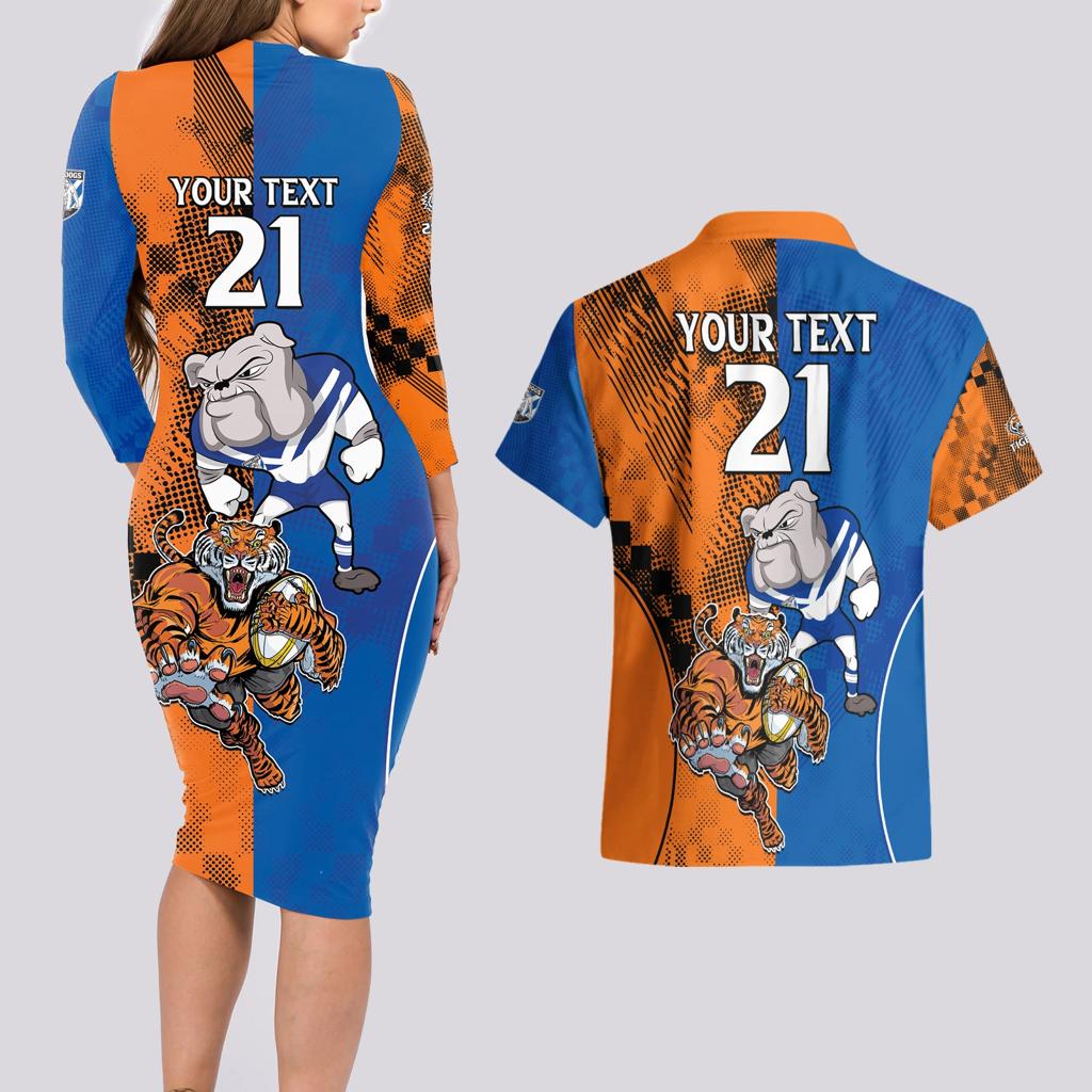Custom Bulldogs and Tigers Couples Matching Long Sleeve Bodycon Dress and Hawaiian Shirt Rugby Mascot With Sporty Style