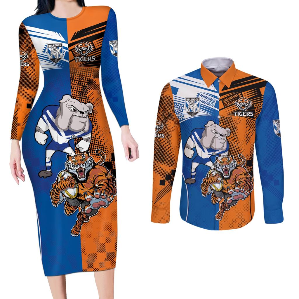 Custom Bulldogs and Tigers Couples Matching Long Sleeve Bodycon Dress and Long Sleeve Button Shirt Rugby Mascot With Sporty Style