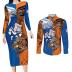 Custom Bulldogs and Tigers Couples Matching Long Sleeve Bodycon Dress and Long Sleeve Button Shirt Rugby Mascot With Sporty Style