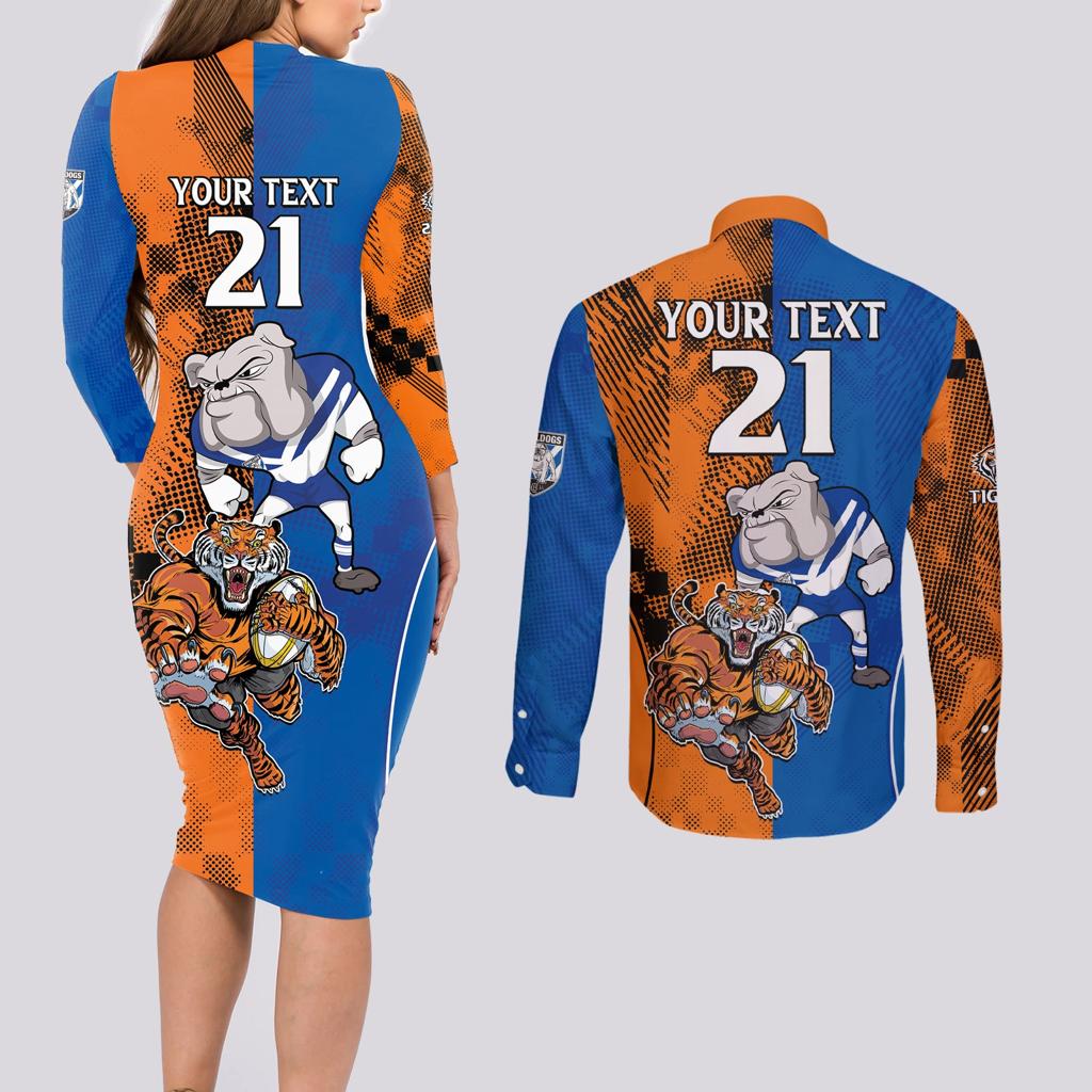 Custom Bulldogs and Tigers Couples Matching Long Sleeve Bodycon Dress and Long Sleeve Button Shirt Rugby Mascot With Sporty Style