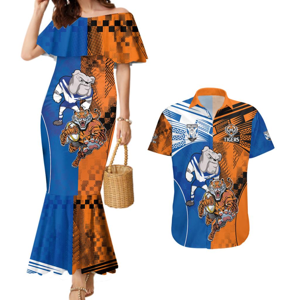 Custom Bulldogs and Tigers Couples Matching Mermaid Dress and Hawaiian Shirt Rugby Mascot With Sporty Style