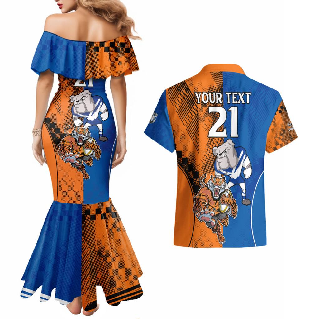 Custom Bulldogs and Tigers Couples Matching Mermaid Dress and Hawaiian Shirt Rugby Mascot With Sporty Style