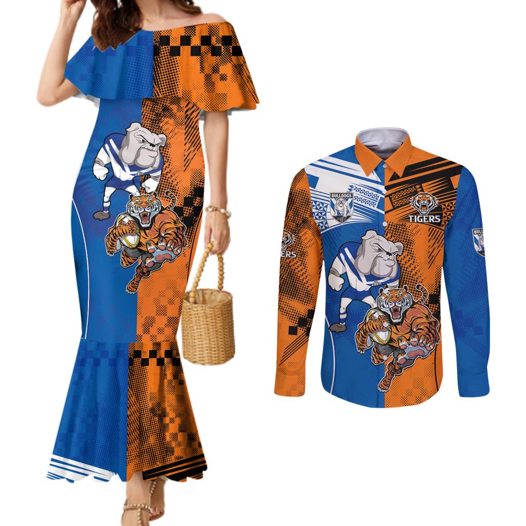 Custom Bulldogs and Tigers Couples Matching Mermaid Dress and Long Sleeve Button Shirt Rugby Mascot With Sporty Style