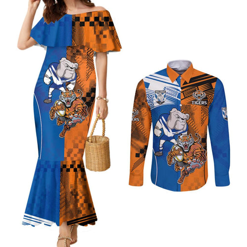 Custom Bulldogs and Tigers Couples Matching Mermaid Dress and Long Sleeve Button Shirt Rugby Mascot With Sporty Style