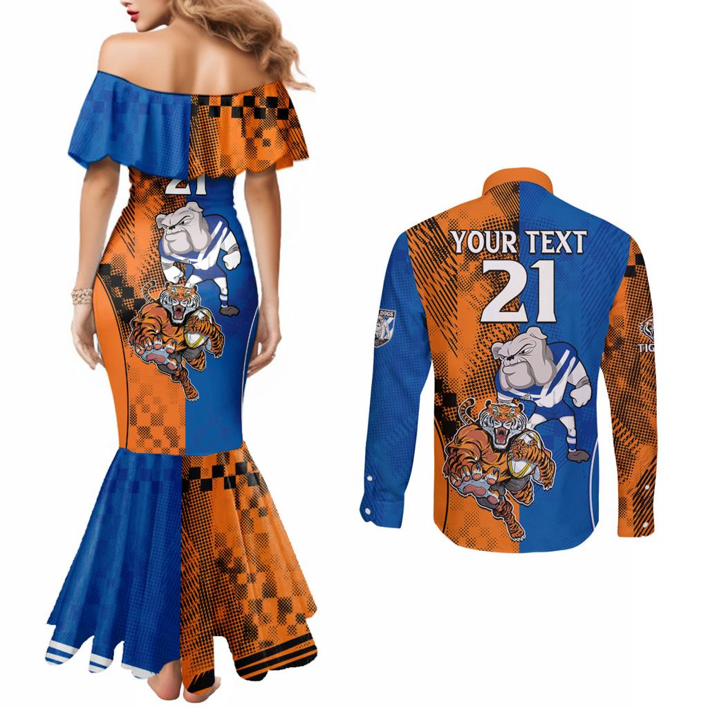 Custom Bulldogs and Tigers Couples Matching Mermaid Dress and Long Sleeve Button Shirt Rugby Mascot With Sporty Style