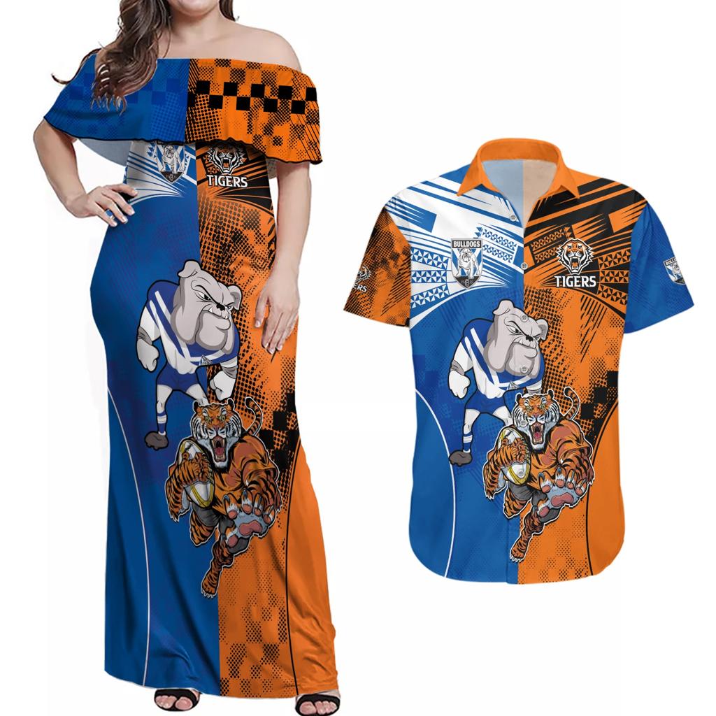 Custom Bulldogs and Tigers Couples Matching Off Shoulder Maxi Dress and Hawaiian Shirt Rugby Mascot With Sporty Style