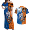 Custom Bulldogs and Tigers Couples Matching Off Shoulder Maxi Dress and Hawaiian Shirt Rugby Mascot With Sporty Style