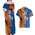 Custom Bulldogs and Tigers Couples Matching Off Shoulder Maxi Dress and Hawaiian Shirt Rugby Mascot With Sporty Style