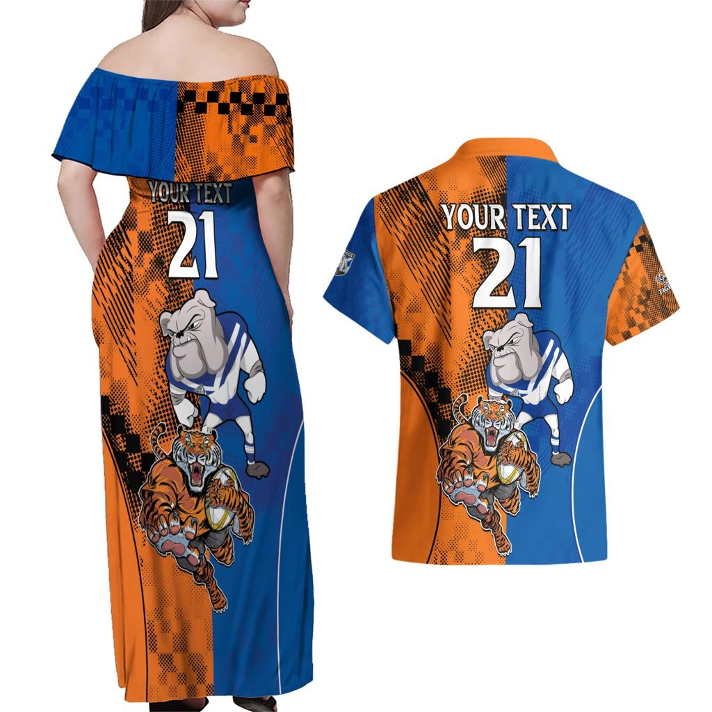 Custom Bulldogs and Tigers Couples Matching Off Shoulder Maxi Dress and Hawaiian Shirt Rugby Mascot With Sporty Style