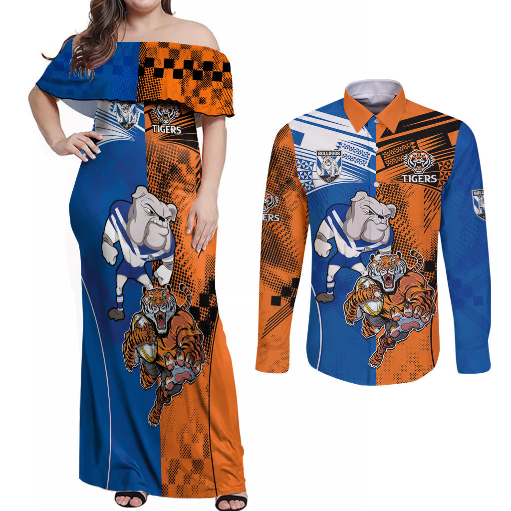 Custom Bulldogs and Tigers Couples Matching Off Shoulder Maxi Dress and Long Sleeve Button Shirt Rugby Mascot With Sporty Style