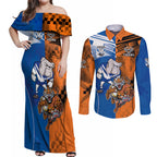 Custom Bulldogs and Tigers Couples Matching Off Shoulder Maxi Dress and Long Sleeve Button Shirt Rugby Mascot With Sporty Style
