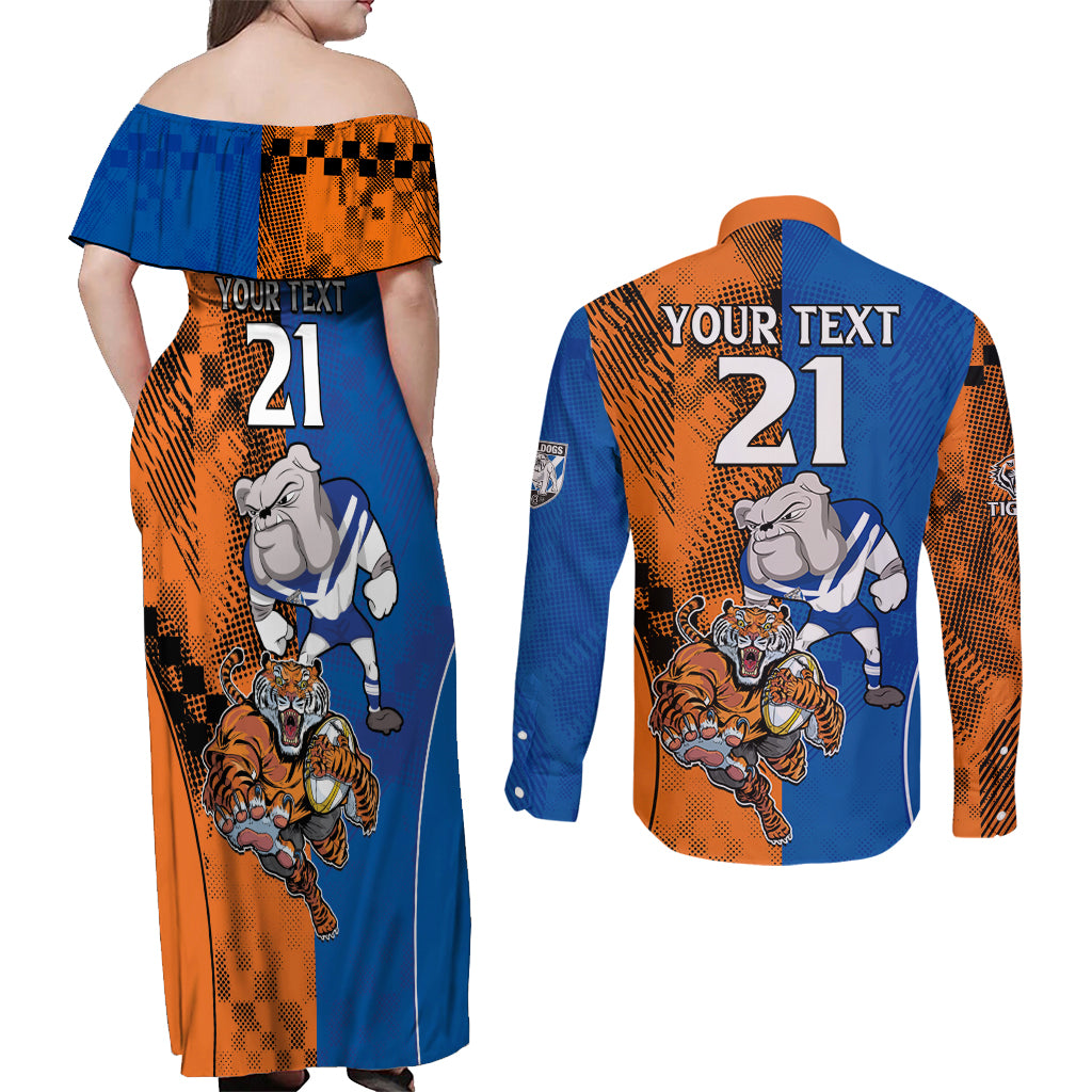 Custom Bulldogs and Tigers Couples Matching Off Shoulder Maxi Dress and Long Sleeve Button Shirt Rugby Mascot With Sporty Style