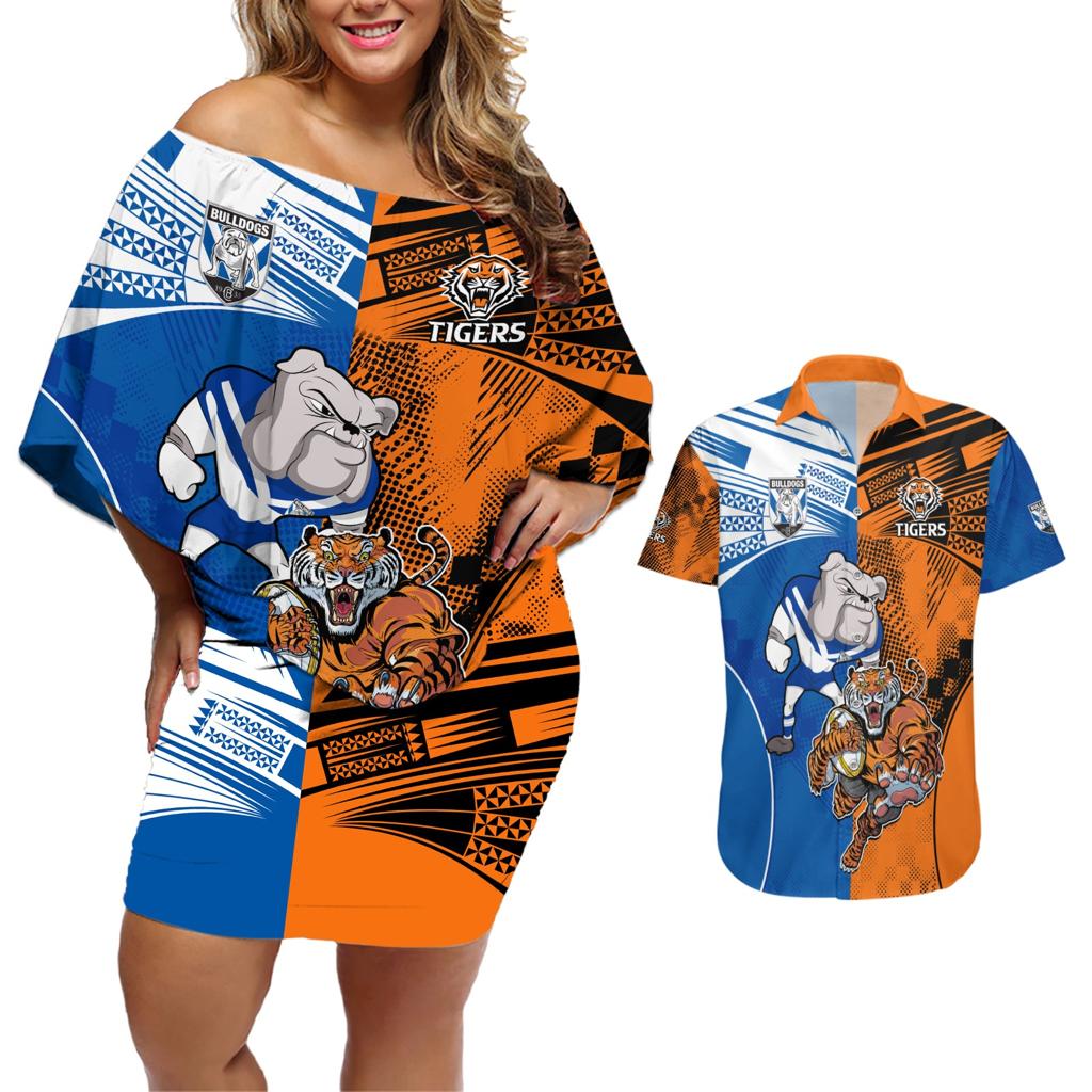 Custom Bulldogs and Tigers Couples Matching Off Shoulder Short Dress and Hawaiian Shirt Rugby Mascot With Sporty Style
