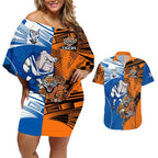 Custom Bulldogs and Tigers Couples Matching Off Shoulder Short Dress and Hawaiian Shirt Rugby Mascot With Sporty Style