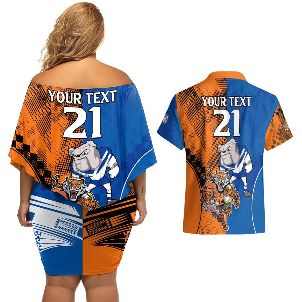 Custom Bulldogs and Tigers Couples Matching Off Shoulder Short Dress and Hawaiian Shirt Rugby Mascot With Sporty Style