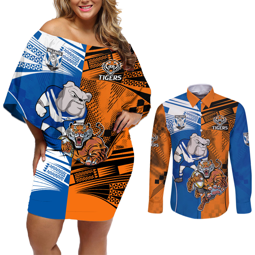Custom Bulldogs and Tigers Couples Matching Off Shoulder Short Dress and Long Sleeve Button Shirt Rugby Mascot With Sporty Style