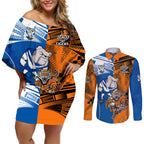 Custom Bulldogs and Tigers Couples Matching Off Shoulder Short Dress and Long Sleeve Button Shirt Rugby Mascot With Sporty Style