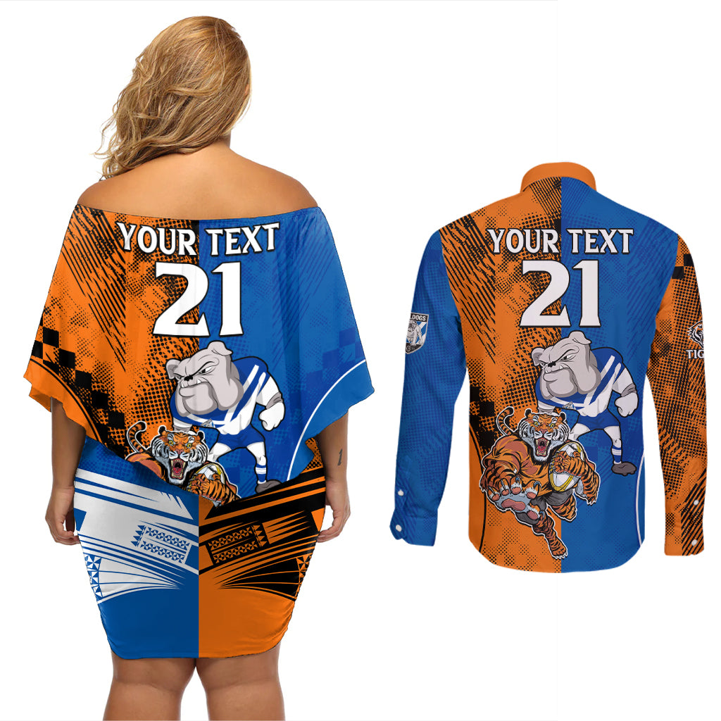 Custom Bulldogs and Tigers Couples Matching Off Shoulder Short Dress and Long Sleeve Button Shirt Rugby Mascot With Sporty Style