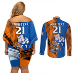 Custom Bulldogs and Tigers Couples Matching Off Shoulder Short Dress and Long Sleeve Button Shirt Rugby Mascot With Sporty Style