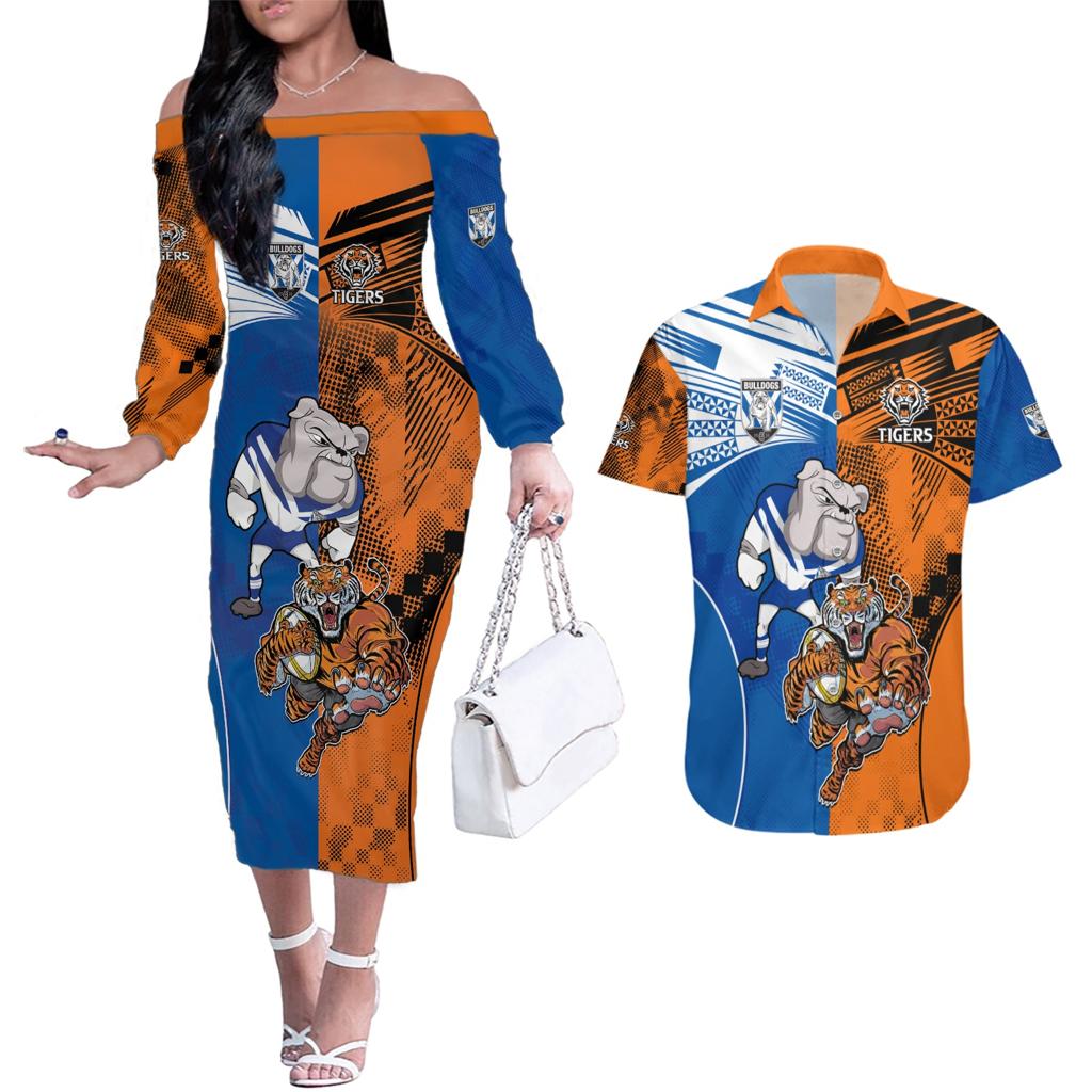 Custom Bulldogs and Tigers Couples Matching Off The Shoulder Long Sleeve Dress and Hawaiian Shirt Rugby Mascot With Sporty Style