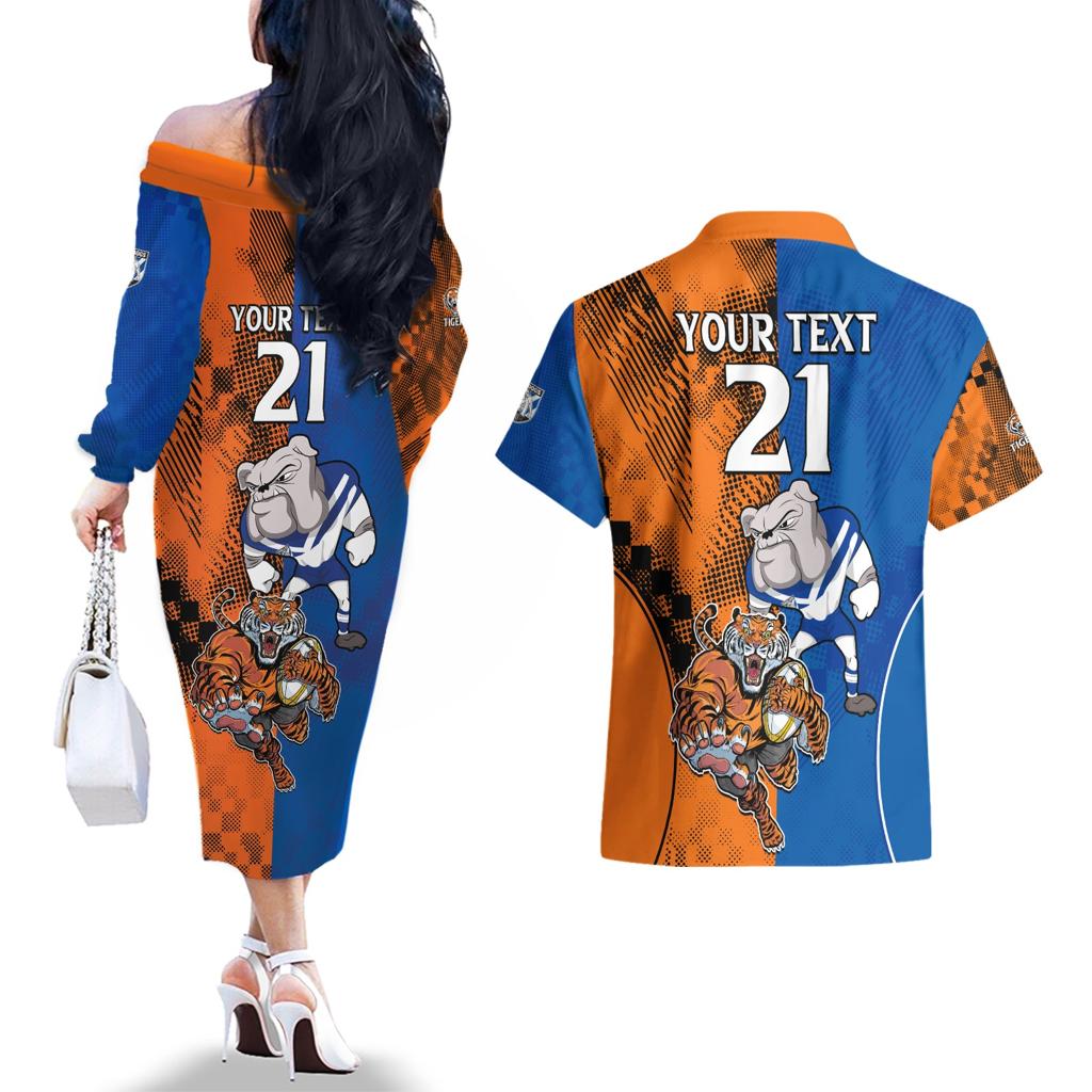 Custom Bulldogs and Tigers Couples Matching Off The Shoulder Long Sleeve Dress and Hawaiian Shirt Rugby Mascot With Sporty Style