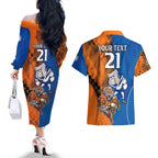 Custom Bulldogs and Tigers Couples Matching Off The Shoulder Long Sleeve Dress and Hawaiian Shirt Rugby Mascot With Sporty Style
