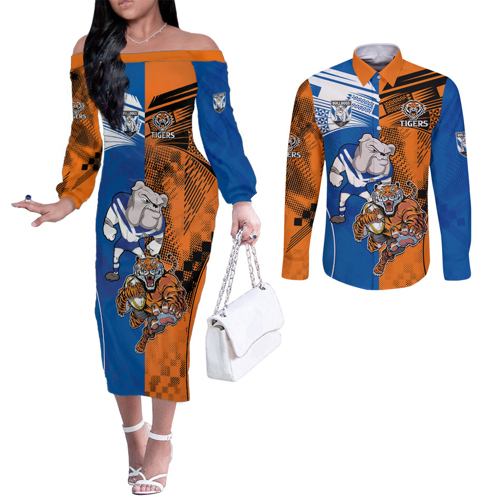 Custom Bulldogs and Tigers Couples Matching Off The Shoulder Long Sleeve Dress and Long Sleeve Button Shirt Rugby Mascot With Sporty Style