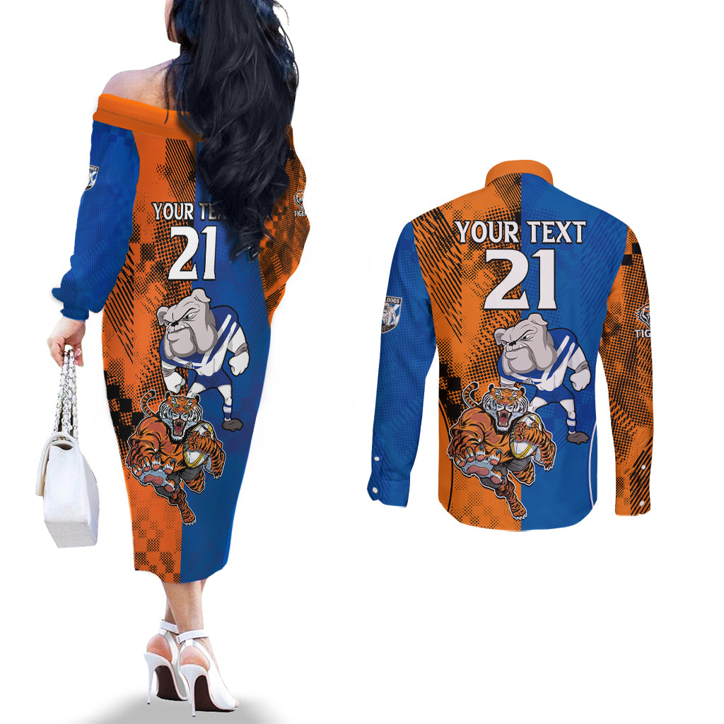 Custom Bulldogs and Tigers Couples Matching Off The Shoulder Long Sleeve Dress and Long Sleeve Button Shirt Rugby Mascot With Sporty Style