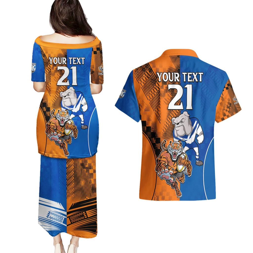 Custom Bulldogs and Tigers Couples Matching Puletasi and Hawaiian Shirt Rugby Mascot With Sporty Style