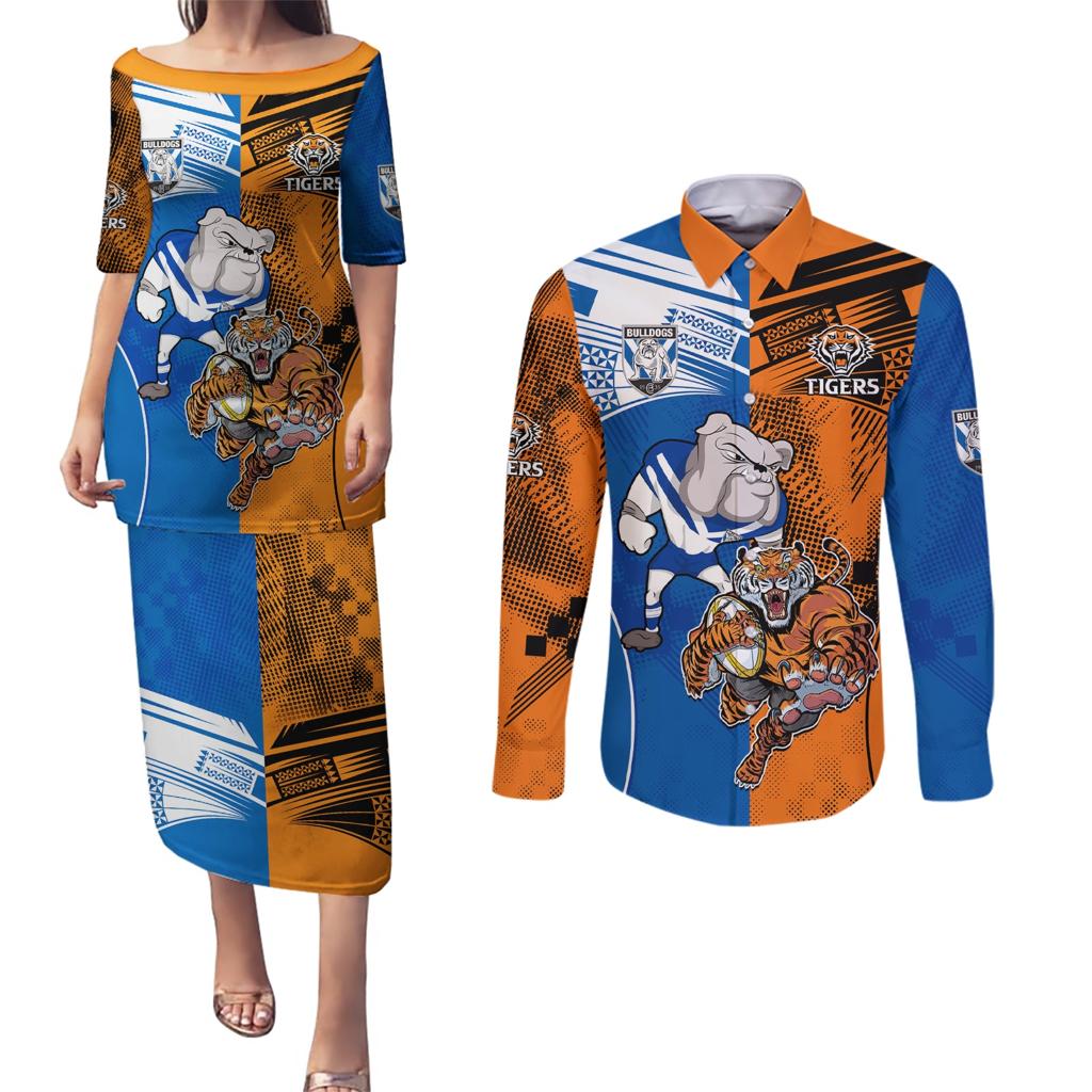 Custom Bulldogs and Tigers Couples Matching Puletasi and Long Sleeve Button Shirt Rugby Mascot With Sporty Style