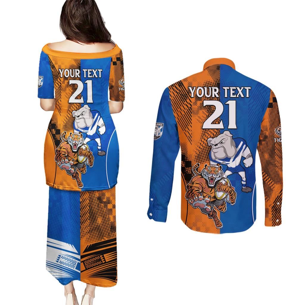 Custom Bulldogs and Tigers Couples Matching Puletasi and Long Sleeve Button Shirt Rugby Mascot With Sporty Style