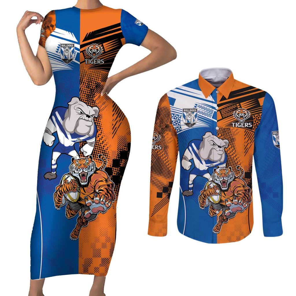 Custom Bulldogs and Tigers Couples Matching Short Sleeve Bodycon Dress and Long Sleeve Button Shirt Rugby Mascot With Sporty Style