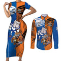 Custom Bulldogs and Tigers Couples Matching Short Sleeve Bodycon Dress and Long Sleeve Button Shirt Rugby Mascot With Sporty Style