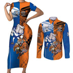 Custom Bulldogs and Tigers Couples Matching Short Sleeve Bodycon Dress and Long Sleeve Button Shirt Rugby Mascot With Sporty Style