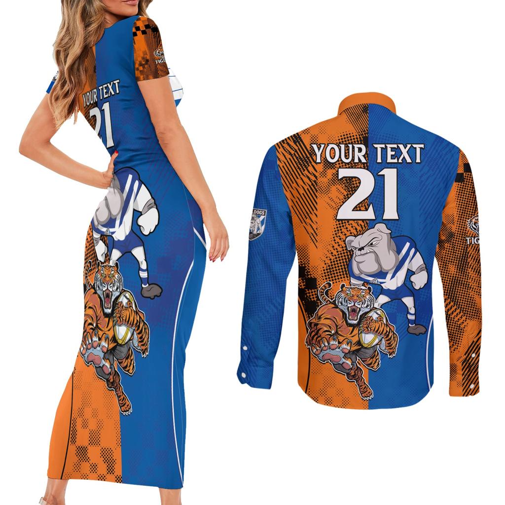 Custom Bulldogs and Tigers Couples Matching Short Sleeve Bodycon Dress and Long Sleeve Button Shirt Rugby Mascot With Sporty Style